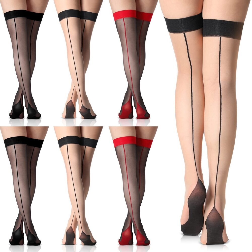 5336 6 Pairs Thigh High Stockings Cuban Heel Stockings Sheer Seamed Socks